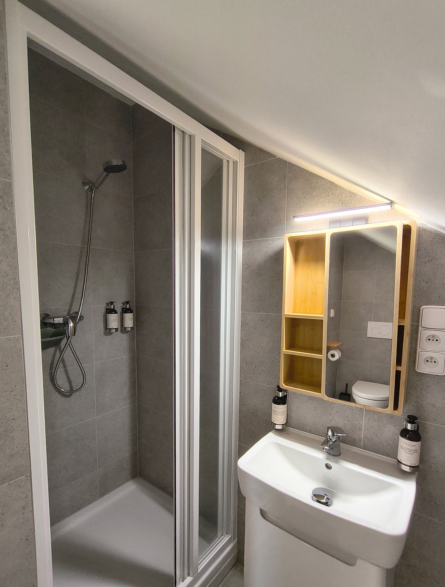 Shower and washbasin in the private bathroom of room 401