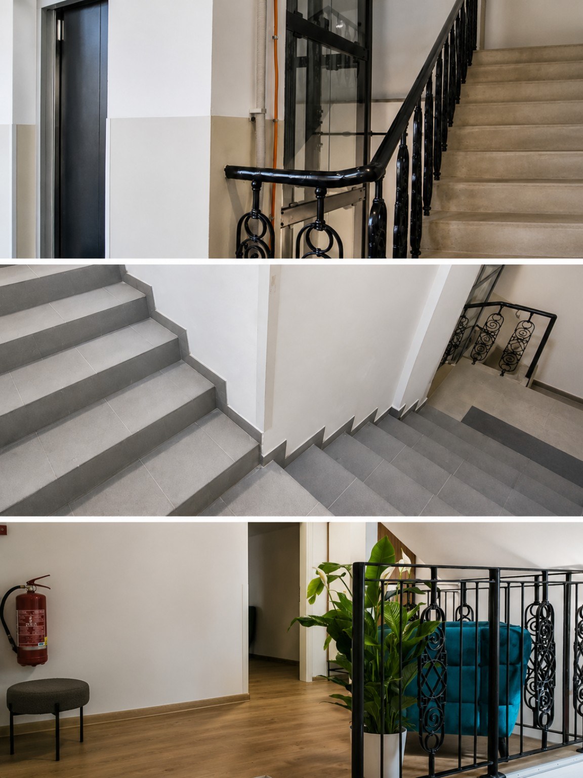 Zugang zum 4. Stock der CHILL Apartments: Aufzug, letzter Treppenabschnitt und Podest mit Sitzbereich